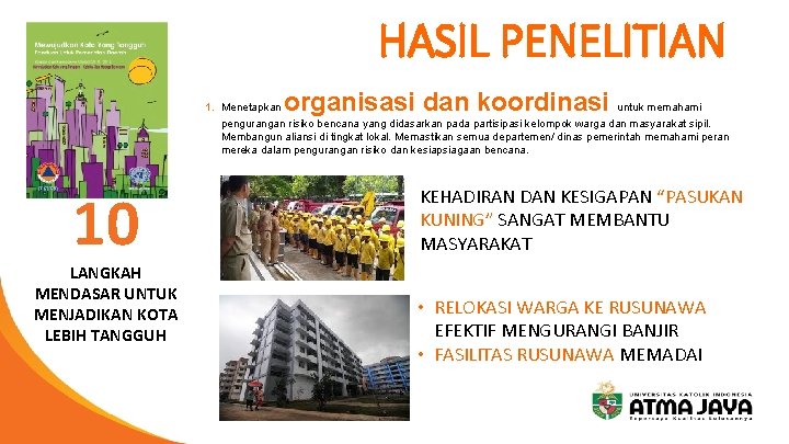 HASIL PENELITIAN organisasi dan koordinasi 1. Menetapkan untuk memahami pengurangan risiko bencana yang didasarkan