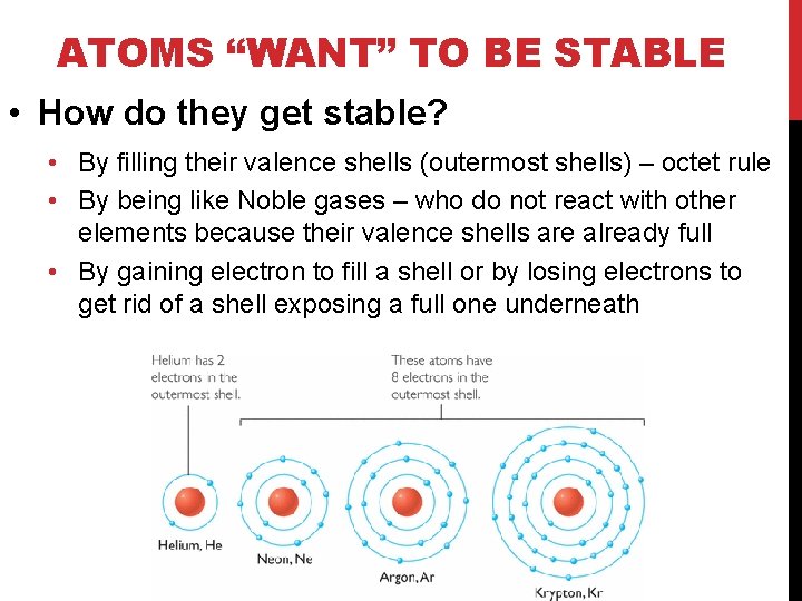 ATOMS “WANT” TO BE STABLE • How do they get stable? • By filling