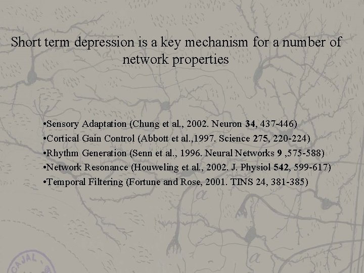 Short term depression is a key mechanism for a number of network properties •