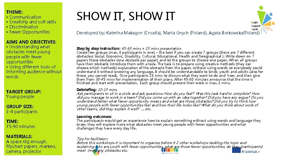 THEME: • Communication • Creativity and soft skills • Discrimination • Fewer Opportunities AIMS