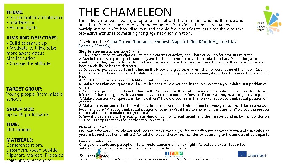 THEME: • Discrimination/ intolerance • Indifference • Human rights AIMS AND OBJECTIVES: • Build