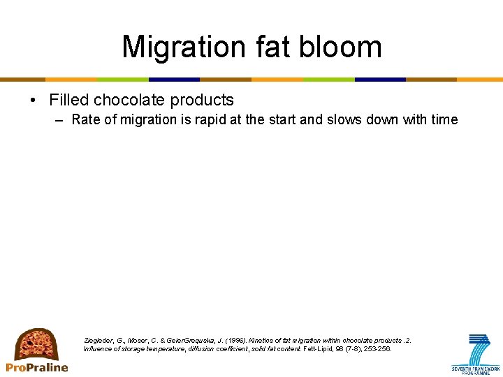 Migration fat bloom • Filled chocolate products – Rate of migration is rapid at