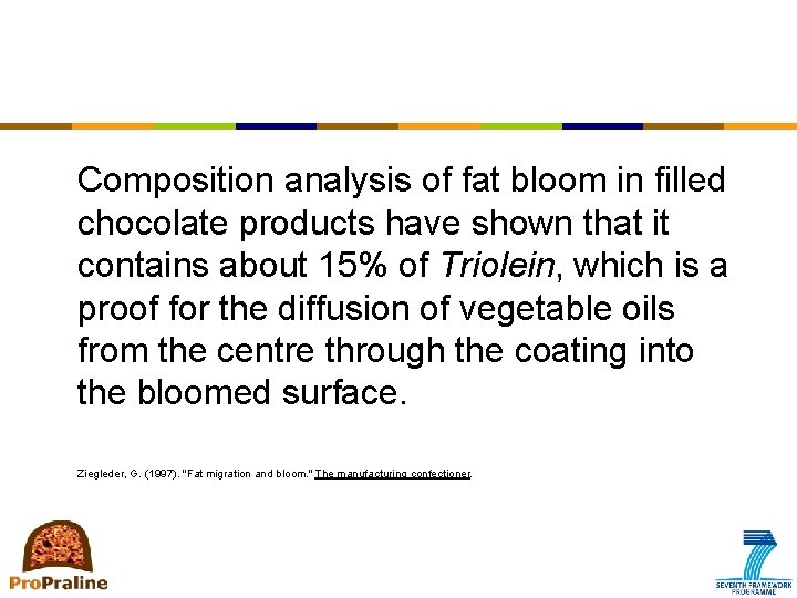Composition analysis of fat bloom in filled chocolate products have shown that it contains