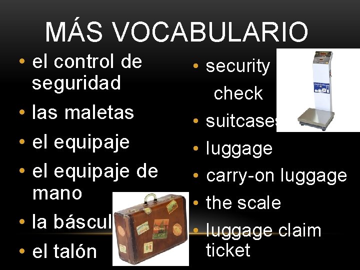 MÁS VOCABULARIO • el control de seguridad • las maletas • el equipaje de