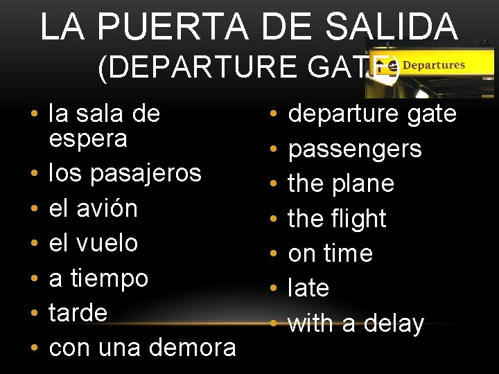 LA PUERTA DE SALIDA (DEPARTURE GATE) • la sala de espera • los pasajeros