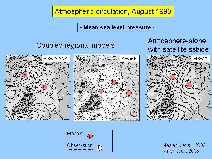 Atmospheric circulation, August 1990 - Mean sea level pressure - Atmosphere-alone with satellite sst/ice