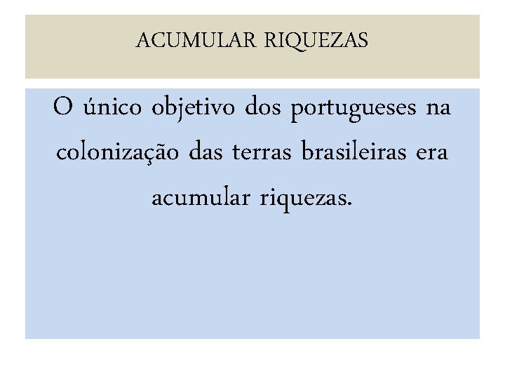 . ACUMULAR RIQUEZAS O único objetivo dos portugueses na colonização das terras brasileiras era