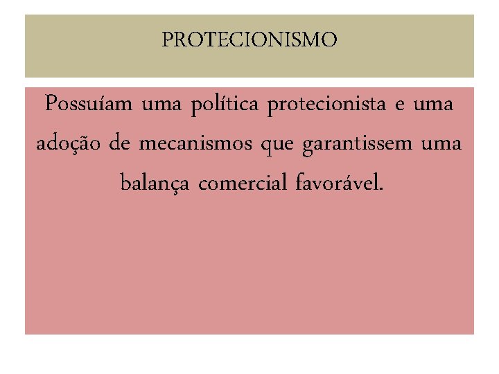 PROTECIONISMO Possuíam uma política protecionista e uma adoção de mecanismos que garantissem uma balança