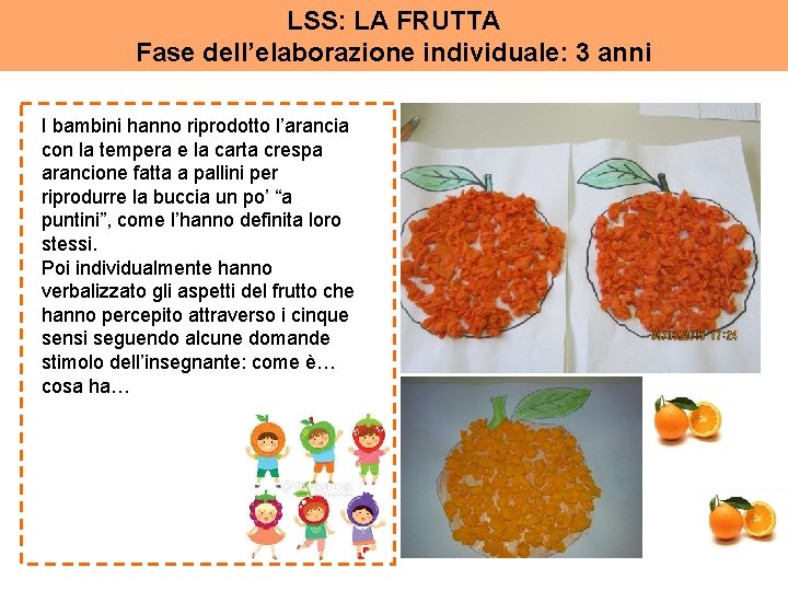 LSS: LA FRUTTA Fase dell’elaborazione individuale: 3 anni I bambini hanno riprodotto l’arancia con