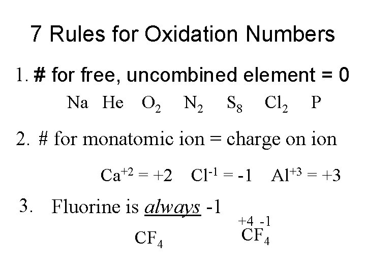 7 Rules for Oxidation Numbers 1. # for free, uncombined element = 0 Na