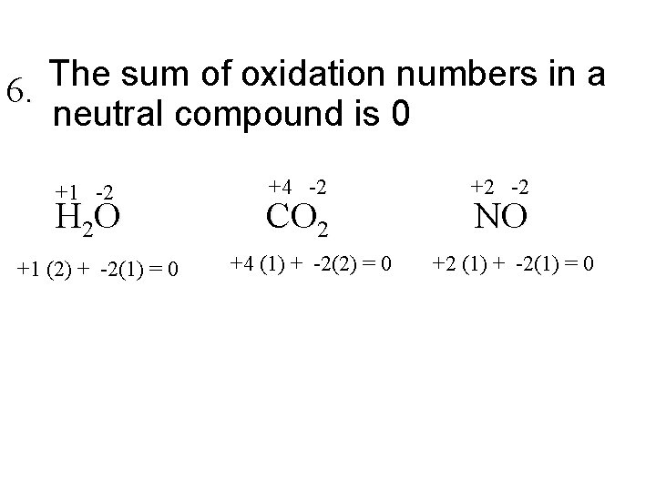 The sum of oxidation numbers in a 6. neutral compound is 0 +1 -2