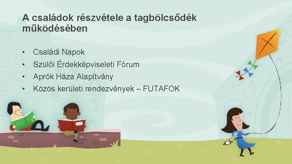 A családok részvétele a tagbölcsődék működésében • Családi Napok • Szülői Érdekképviseleti Fórum •