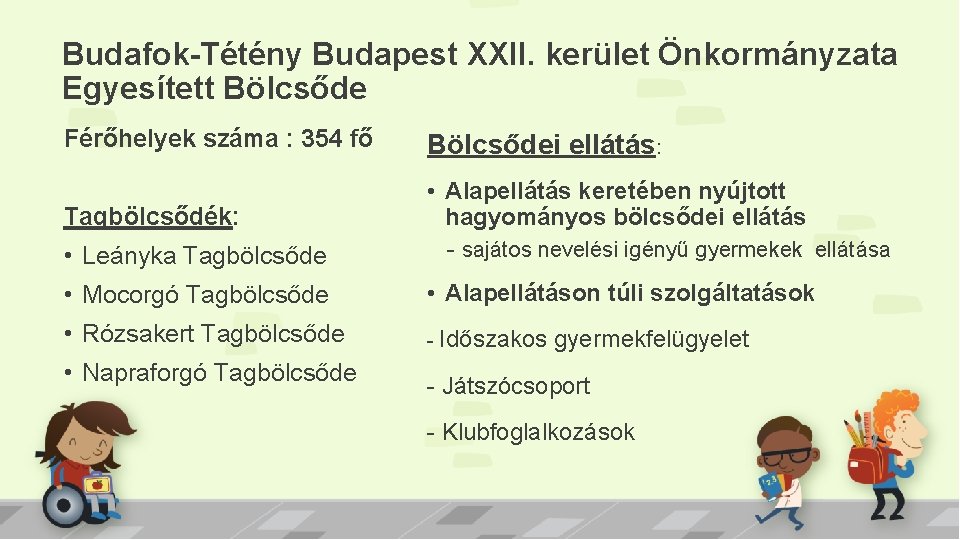 Budafok-Tétény Budapest XXII. kerület Önkormányzata Egyesített Bölcsőde Férőhelyek száma : 354 fő Bölcsődei ellátás: