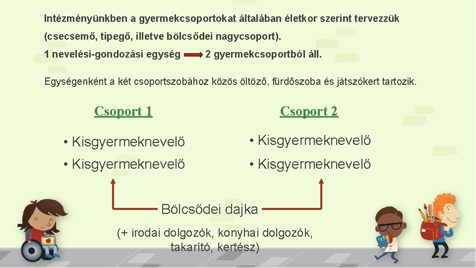 Intézményünkben a gyermekcsoportokat általában életkor szerint tervezzük (csecsemő, tipegő, illetve bölcsődei nagycsoport). 1 nevelési-gondozási