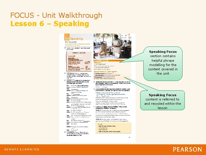 FOCUS - Unit Walkthrough Lesson 6 – Speaking Focus section contains helpful phrase modelling