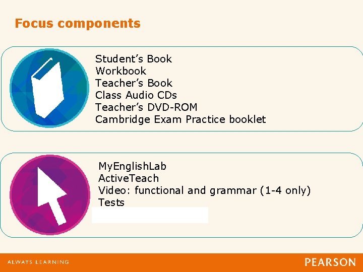 Focus components Student’s Book Workbook Teacher’s Book Class Audio CDs Teacher’s DVD-ROM Cambridge Exam