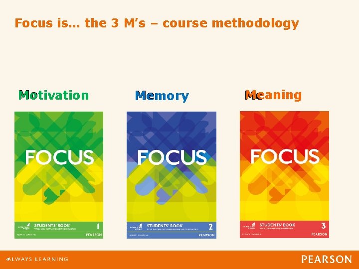 Focus is… the 3 M’s – course methodology Mo Motivation 4 Me Memory Meaning