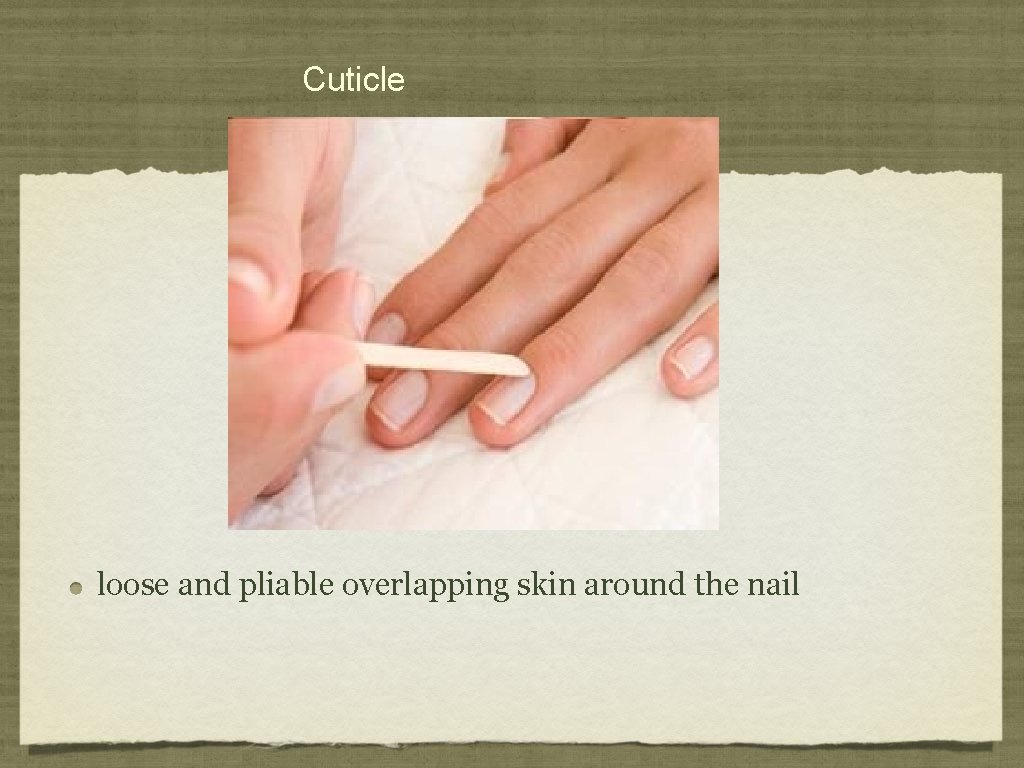 Cuticle loose and pliable overlapping skin around the nail 