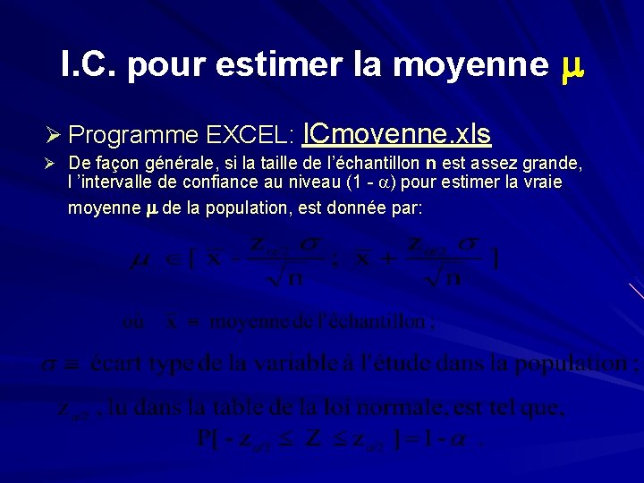 I. C. pour estimer la moyenne Ø Programme EXCEL: ICmoyenne. xls Ø De façon