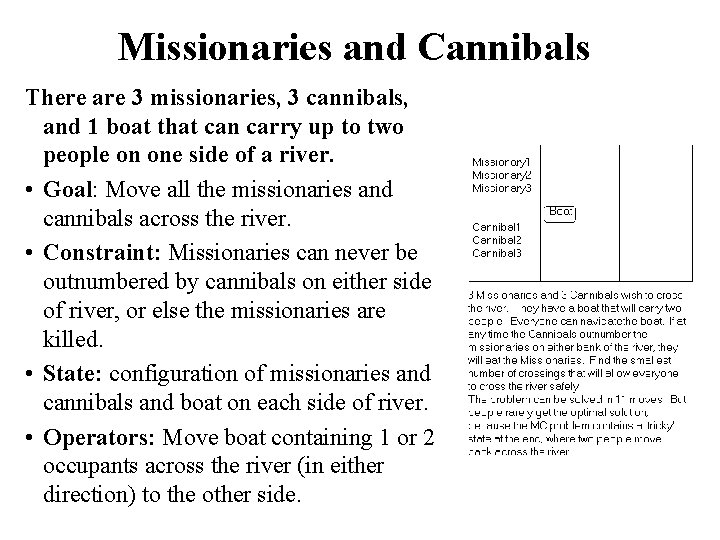 Missionaries and Cannibals There are 3 missionaries, 3 cannibals, and 1 boat that can