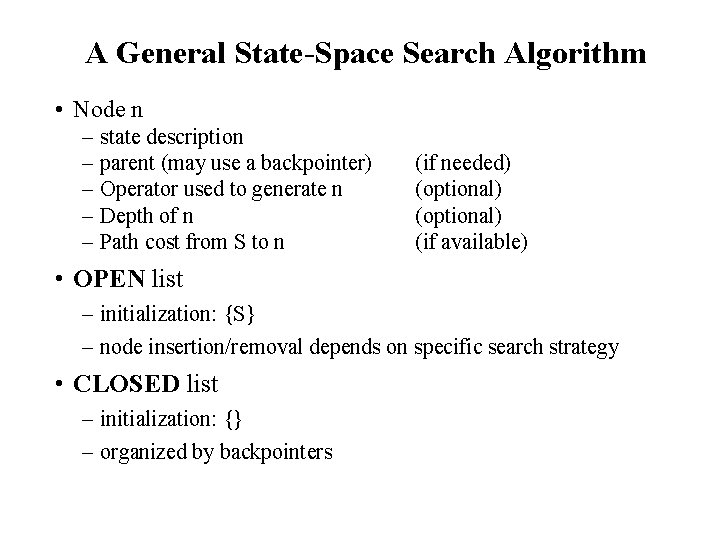 A General State-Space Search Algorithm • Node n – – – state description parent