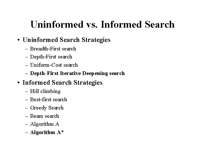 Uninformed vs. Informed Search • Uninformed Search Strategies – – Breadth-First search Depth-First search