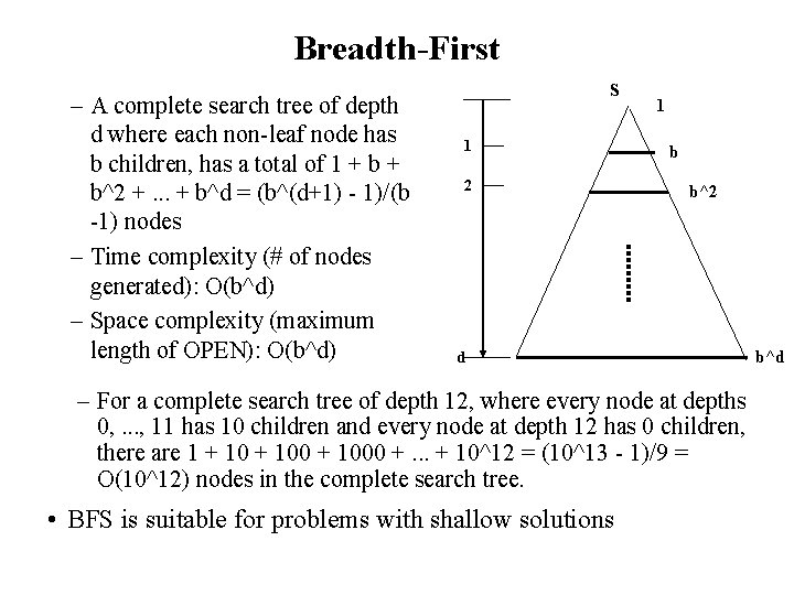 Breadth-First – A complete search tree of depth d where each non-leaf node has