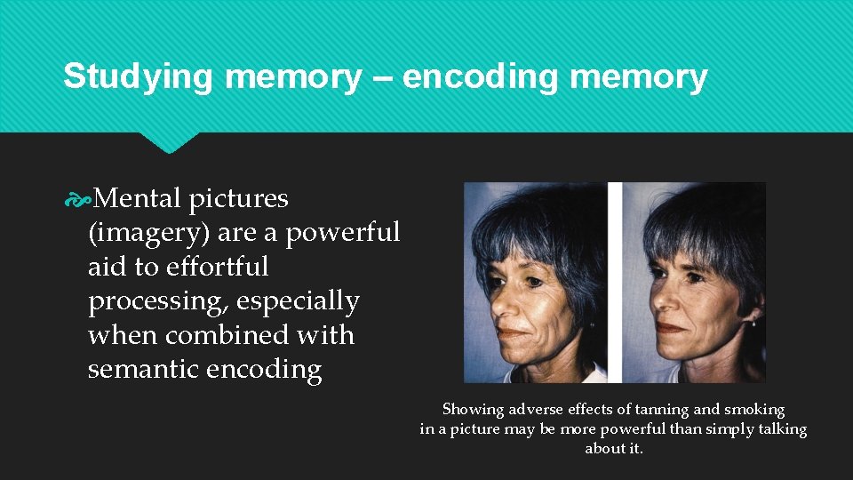 Studying memory – encoding memory Mental pictures (imagery) are a powerful aid to effortful