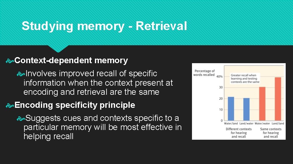 Studying memory - Retrieval Context-dependent memory Involves improved recall of specific information when the