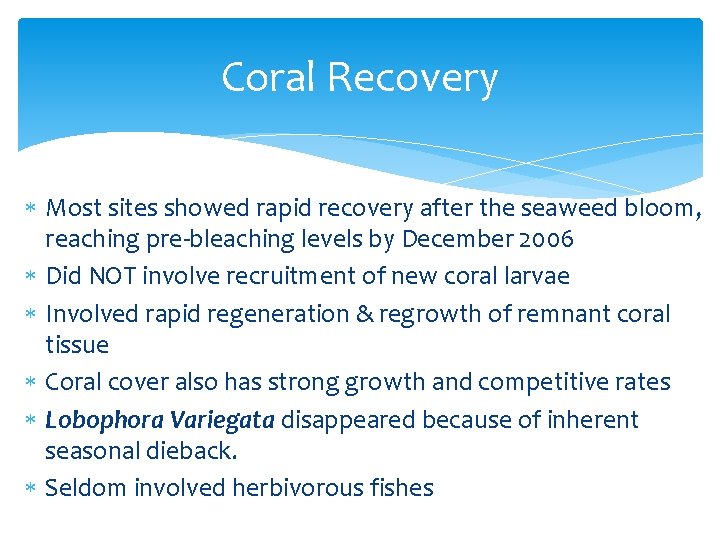 Coral Recovery Most sites showed rapid recovery after the seaweed bloom, reaching pre-bleaching levels