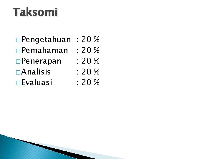 Taksomi � Pengetahuan � Pemahaman � Penerapan � Analisis � Evaluasi : : :