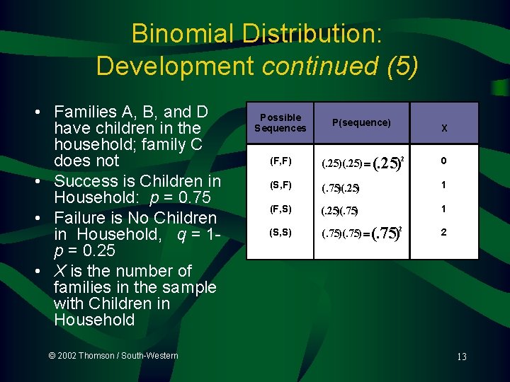 Binomial Distribution: Development continued (5) • Families A, B, and D have children in Binomial Distribution: Development continued (5) • Families A, B, and D have children in