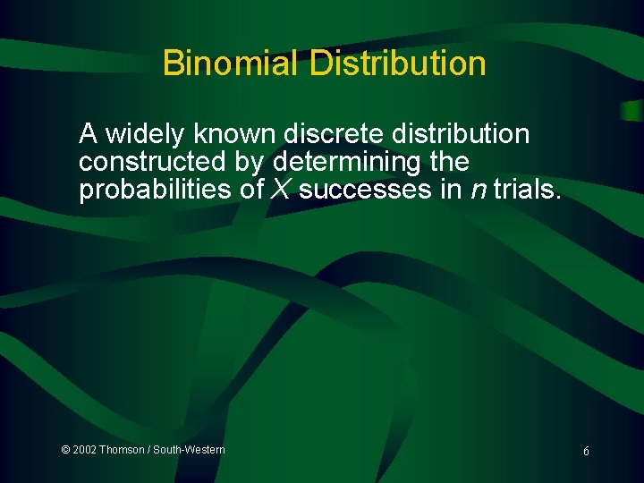Binomial Distribution A widely known discrete distribution constructed by determining the probabilities of X Binomial Distribution A widely known discrete distribution constructed by determining the probabilities of X