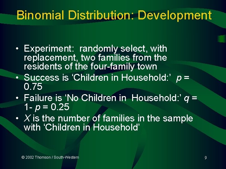 Binomial Distribution: Development • Experiment: randomly select, with replacement, two families from the residents Binomial Distribution: Development • Experiment: randomly select, with replacement, two families from the residents