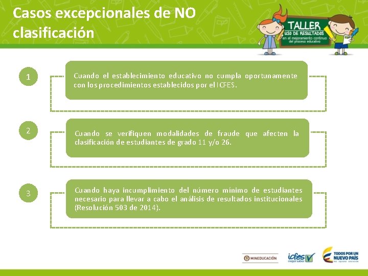 Casos excepcionales de NO clasificación 1 Cuando el establecimiento educativo no cumpla oportunamente con