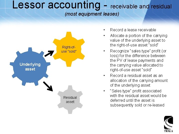 Lessor accounting - receivable and residual (most equipment leases) • • Right-ofuse “sold” •
