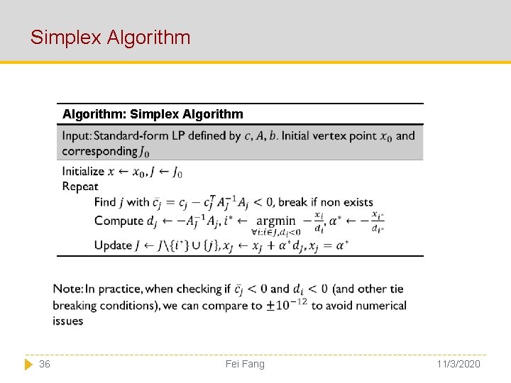 Simplex Algorithm: Simplex Algorithm 36 Fei Fang 11/3/2020 