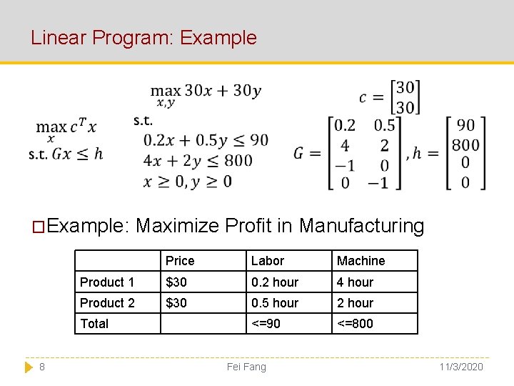 Linear Program: Example �Example: Maximize Profit in Manufacturing Price Labor Machine Product 1 $30