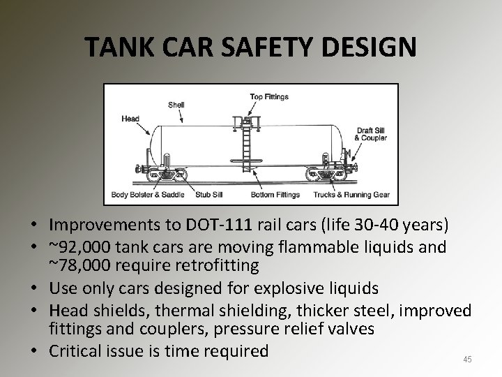 TANK CAR SAFETY DESIGN • Improvements to DOT-111 rail cars (life 30 -40 years)