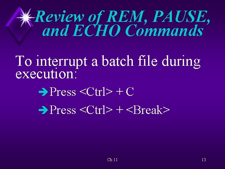 Review of REM, PAUSE, and ECHO Commands To interrupt a batch file during execution: