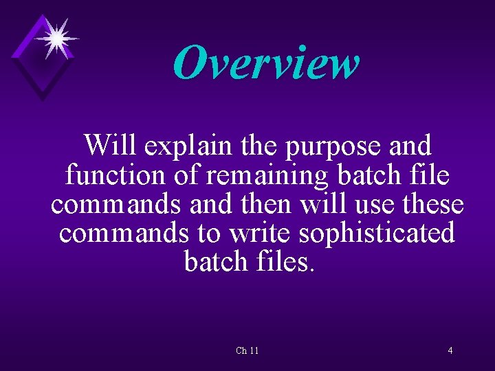 Overview Will explain the purpose and function of remaining batch file commands and then