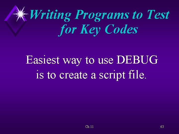 Writing Programs to Test for Key Codes Easiest way to use DEBUG is to
