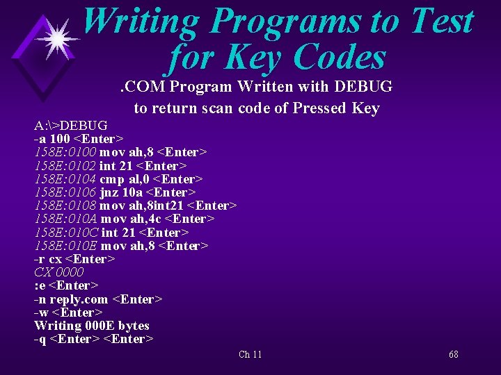 Writing Programs to Test for Key Codes. COM Program Written with DEBUG to return