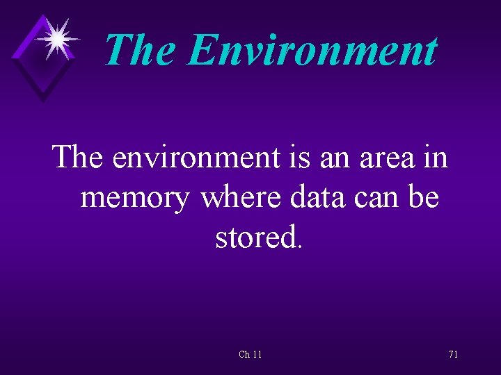 The Environment The environment is an area in memory where data can be stored.