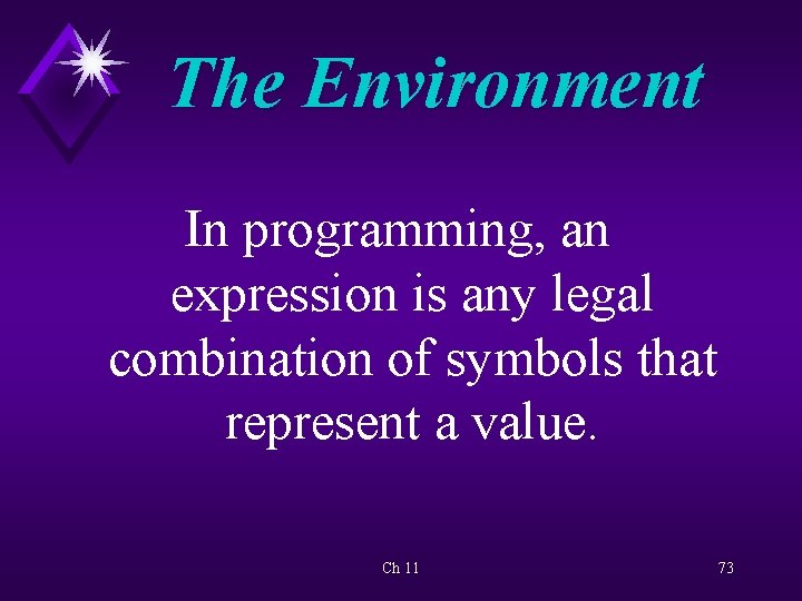 The Environment In programming, an expression is any legal combination of symbols that represent