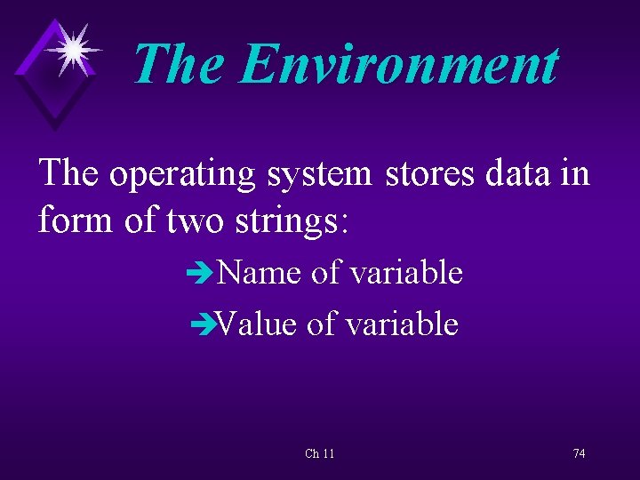 The Environment The operating system stores data in form of two strings: èName of