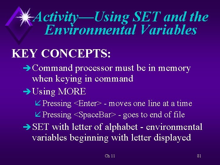Activity—Using SET and the Environmental Variables KEY CONCEPTS: è Command processor must be in