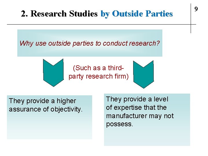 2. Research Studies by Outside Parties Why use outside parties to conduct research? (Such