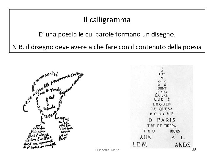 Il calligramma E’ una poesia le cui parole formano un disegno. N. B. il