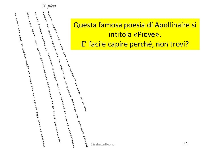 Questa famosa poesia di Apollinaire si intitola «Piove» . E’ facile capire perché, non